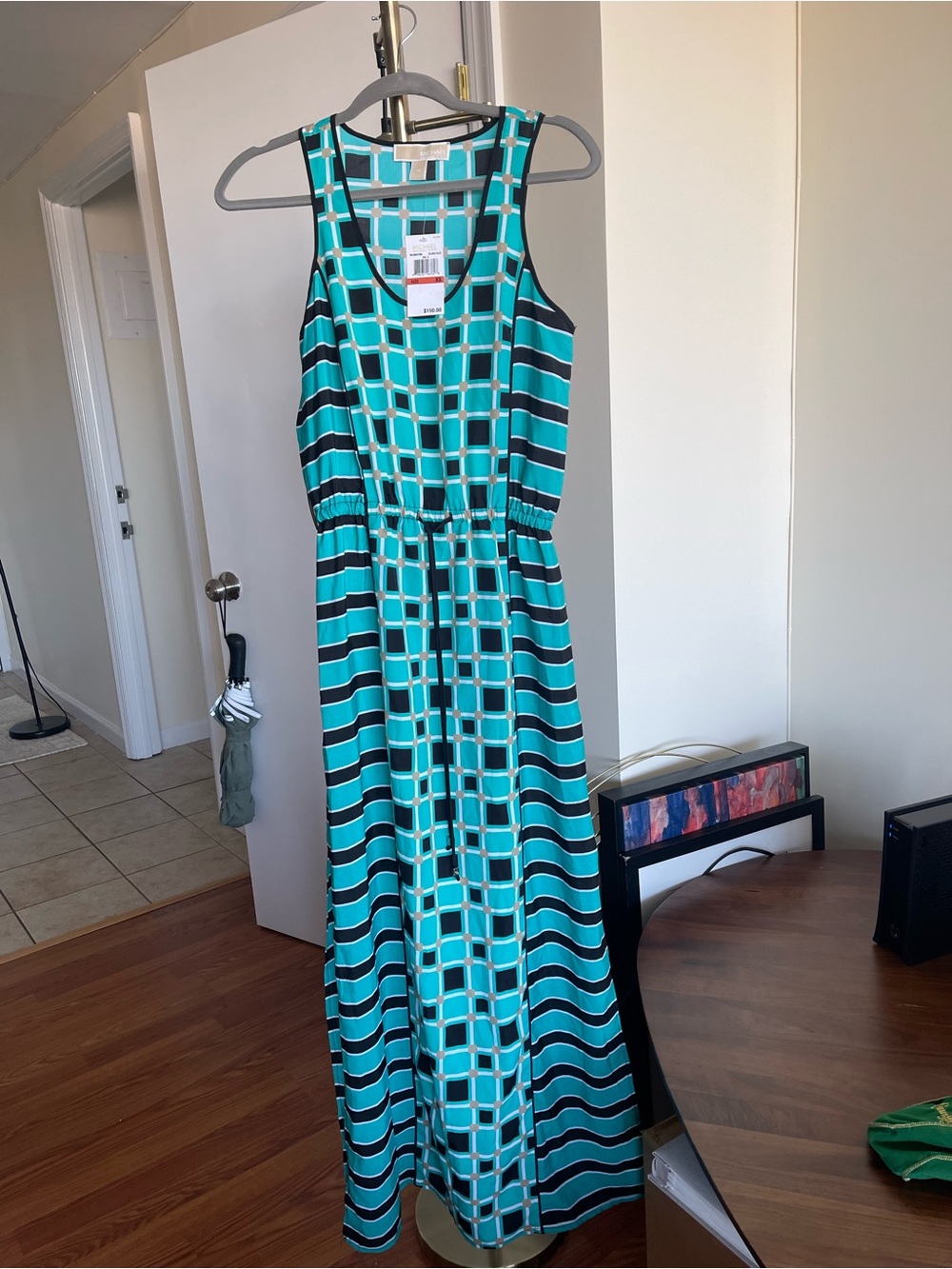 Michael Kors: Sleeveless Teal and Black Geometric Maxi Dress